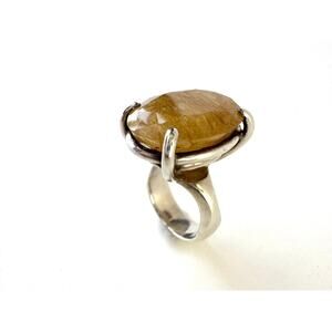 Gold Rutile Quartz Princess Ring Handmade Heavy Sterling 925 Silver US Size 7.5
